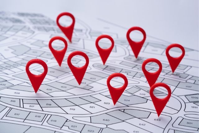 A map with multiple location icons on it, representing doing keyword research for multiple locations.
